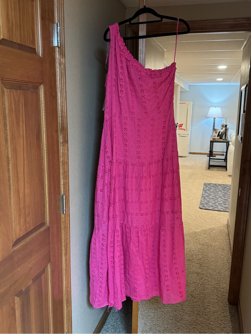 Taylor Hot Pink One-Shoulder Eyelet Maxi Dress